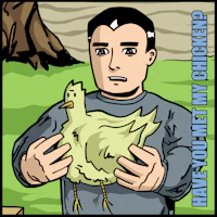 a cartoon of a man holding a chicken